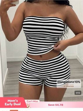SHEIN Black and White Striped Tube Top & Shorts Set